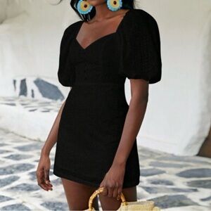 Black Vcay Elegant Mini Black Puff Sleeve Dress